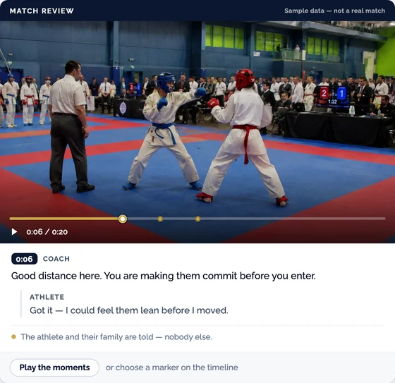 A match review with a coach's note pinned at nine seconds and the athlete's reply underneath.