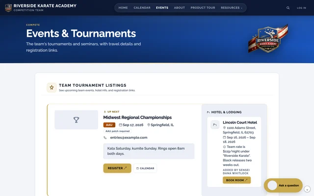 The events page of a dojo: tournaments and seminars with dates, locations and registration details.