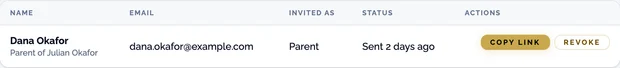 An invitation sent to a parent, showing who it went to, what they were invited as, and controls to copy or revoke the link.