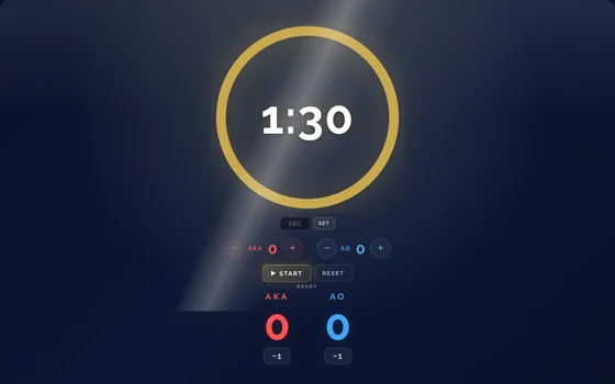 The Kumite Clock: a full-screen match timer with scores, penalties and period controls.