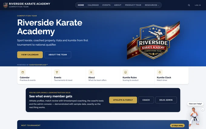 A dojo's own KarateShowCase page: its crest and colors, the next tournament, and this week's classes.